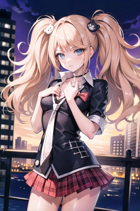 <lora:junko-enoshima-lora-3-10:1>, junko enoshima, blonde long hair, 1girl, twintails, solo, blue eyes, bangs, bear hair ornament, nail polish, red nails, red bow, black shirt, underwear, choker, black bra, collarbone, sleeves rolled up, white necktie, pleated plaid red skirt, school uniform, black cross-laced knee boots, shiny, shiny hair, landscape, city landscape, city background, (hands over chest), hand over breasts, correct hands, correct anatomy, five fingers, beautiful hands