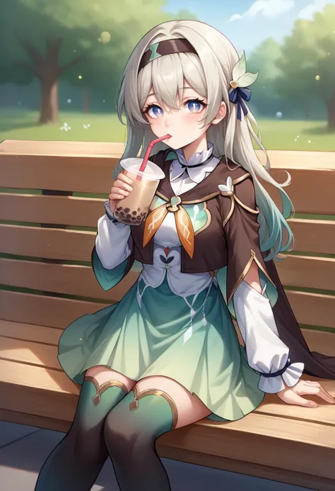 anime girl sitting on a bench drinking a drink