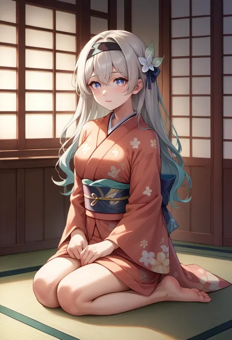 a woman in a kimono sitting on a mat with a flower in her hair