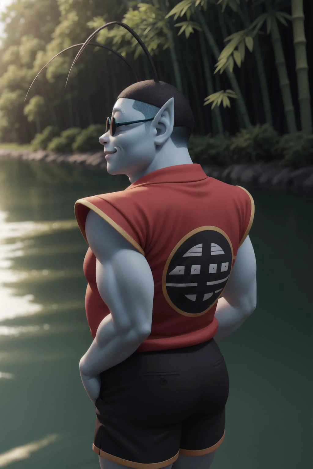 kaiosama,cowboy shot, 1boy,solo,light blue skin,antennae,whiskers,fat,black hat,pointy ears,red t-shirt,black cargo shorts, ass, from behind,closed mouth, smirk,sunglasses,(arms at sides),looking at viewer,bamboo,bamboo forest,nature,river,(Maya 3d render:1.05), (masterpiece:1.3), (hires, high resolution:1.3), subsurface scattering  