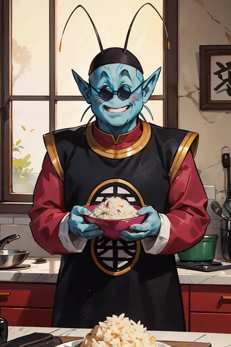 there is a man in a blue costume holding a plate of food