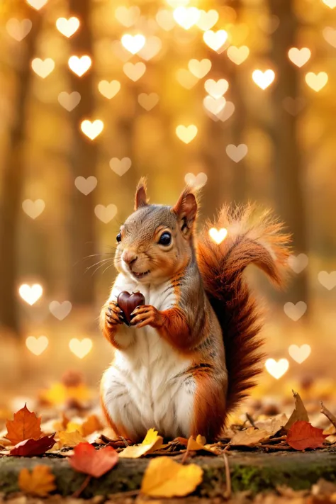 Anime-style squirrel, gathering acorns, autumn leaves creating bokeh lights, warm tones super cute wallpaper, anime, comic, 
 <lora:aidmaBokehmachine-V0.1:0.725>   ,  bokehmachine, blurry background, heart bokeh