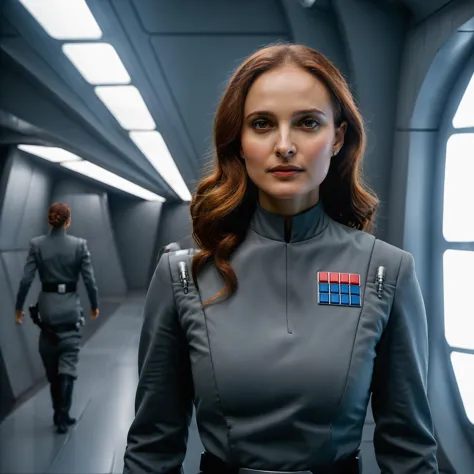 professional portrait photograph of a woman, Natalie Portman with (long red hair), (wearing an Imperial officer (gray) uniform, ...