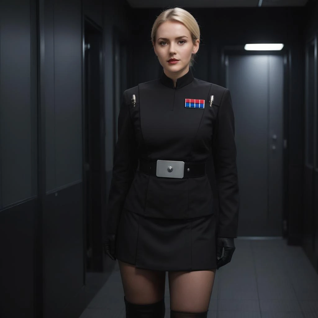 ein Ganzkörperfoto einer schönen weiblichen Imperialoffizierin in einer schwarzen Uniform mit Rock, in einem dunklen Innenraum stehen 