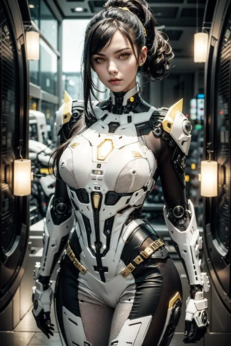a beautiful young caucasian female android,wearing  a tight transparent white body suit with gold accents,(gigantic breasts:1.2)...
