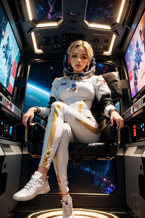 1girl,astronaut,aurora,blonde hair,breasts,city lights,cockpit,computer,constellation,drawing tablet,earth \(planet\),galaxy,lap...