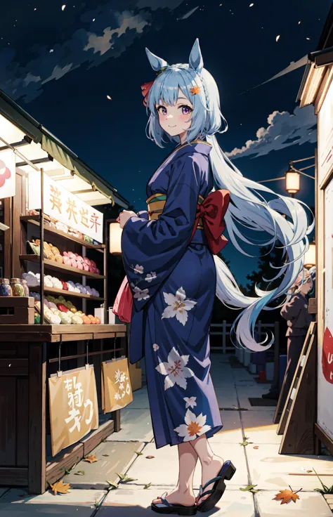 anime girl in kimono outfit standing on sidewalk in front of store