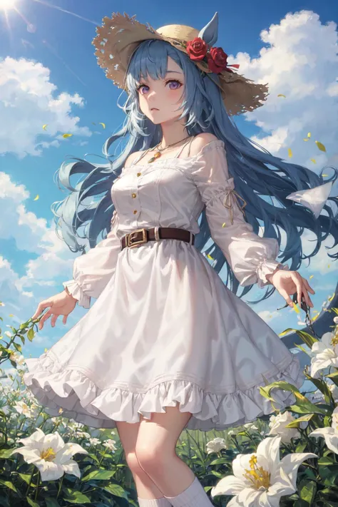 a woman in a white dress and hat standing in a field of flowers