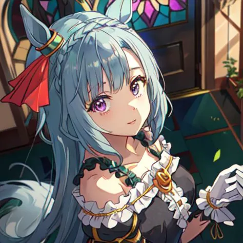 masterpiece, best quality, close up, face shot, looking at viewer, lookup, stained glass,
mejiro ardan \(umamusume\), 
from above,
ear ornament, black gloves, white gloves, asymmetrical gloves, mismatched gloves,
detached sleeves, puffy sleeves, [short sleeves:long sleeves:0.15], uneven sleeves, asymmetrical sleeves, 
ribbon, bare shoulders, off-shoulder dress, black dress, frilled dress, center frills, 
 <lora:mejiro_ardan_loha-000010:0.7>