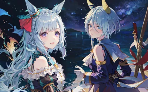 two anime girls with horns and horns standing next to each other