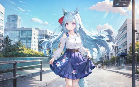 1girl, masterpiece, best quality,jewelry, necklace, long sleeves, white shirt, belt, necklace, blue skirt, long skirt, floral print, socks, mejiro ardan \(umamusume\), standing, city street:1.2, outdoors, sunlight, sky, city, day, dress lift , day, sky,  <lyco:mejiro_ardan_loha:0.9>