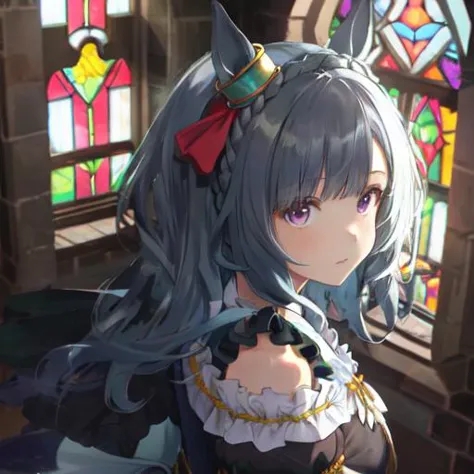 masterpiece, best quality, close up, face shot, looking at viewer, lookup, stained glass,
mejiro ardan \(umamusume\), 
from above,
ear ornament, black gloves, white gloves, asymmetrical gloves, mismatched gloves,
detached sleeves, puffy sleeves, [short sleeves:long sleeves:0.15], uneven sleeves, asymmetrical sleeves, 
ribbon, bare shoulders, off-shoulder dress, black dress, frilled dress, center frills, 
 <lora:mejiro_ardan_loha-000010:0.7>