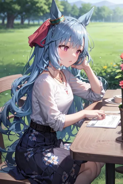 anime girl with blue hair sitting at a table with a laptop（mejiro ardan (umamusume))