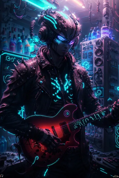 A ((neon)) blue alien punk with spiky hair and a leather jacket, holding a guitar in one hand and a ((glowing)) energy drink in ...