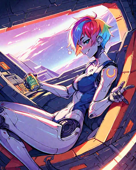 anime girl sitting in a spaceship looking out the window