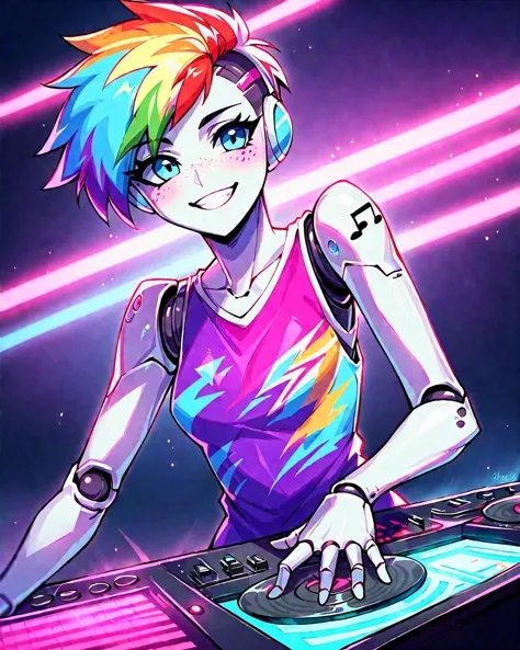 a close up of a person with a dj controller in front of a neon background