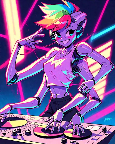 source_anime, robot skin, score_9, score_8, score_7, score_6, robot girl, android, colorful clothes, loose shirt, rainbow hair, pixie cut, robot joints, freckles, petite, android girl, joints, blushing, earphones, dj, turntable, neon lights, lasers, music, smiling, dancing, cute, attitude, at a futuristic nightclub, vibrant, jumping, nipslip, nipple, 4 arms, 
masterpiece, 8k, highly detailed, dynamic, dynamic lighting, cinematic lighting, intricate, nsfw,
SimplePositiveXLv2,   <lora:RobotSkin_Pony_v1.05:1>