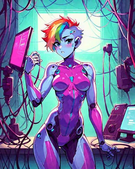 source_anime, robot skin, score_9, score_8, score_7, score_6, robot girl, android, rainbow hair, pixie cut, robot joints,  freckles, fair skin, skin tone, petite, breasts, android girl, joints, blushing, in a futuristic computer lab, surrounded by industrial equipment, standing at attention, wires, computers, cables, futuristic industrial equipment, cute, colorful skintight  leather suit, attitude, 
masterpiece, 8k, highly detailed, dynamic, dynamic lighting, cinematic lighting, intricate,
SimplePositiveXLv2,   <lora:RobotSkin_Pony_v1.05:1>