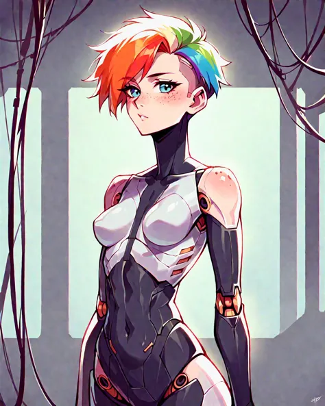 a close up of a person with a colorful hair and a bodysuit