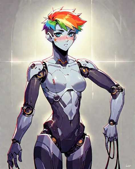 a close up of a person with a rainbow hair and a robot body