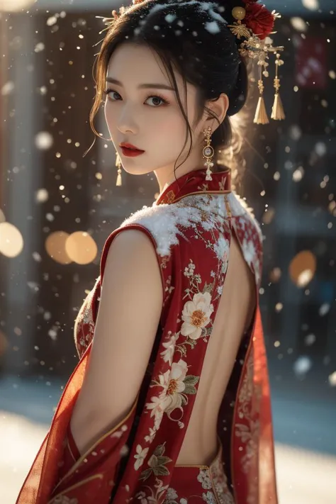 Warm Snow, 1girl, solo, hair ornament, black hair, jewelry, earrings, looking at viewer, blurry, snow, snowing, red lips, chines...
