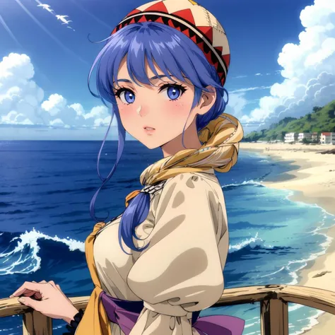 looking at viewer,
LNoa,1girl,
single braid,
hat,
dress,puffy sleeves,
nature,ocean,sky,