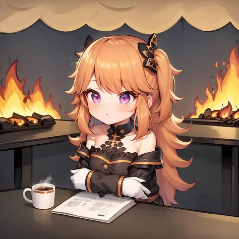 thisisfine, 1girl, orange hair,(purple eyes:1.2), kiara,

crossed_arms, table, coffee_mug, steaming coffee, cute, 

staying posi...