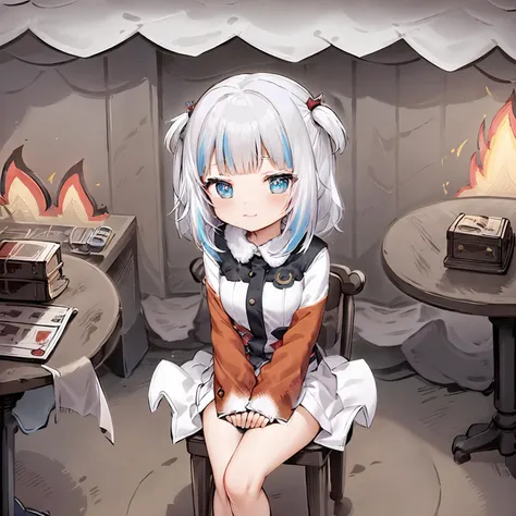 thisisfine, 1girl, white hair, blue highlights, blue eyes, gawr gura,

crossed_arms, table, coffee_mug, steaming coffee, cute, 
...