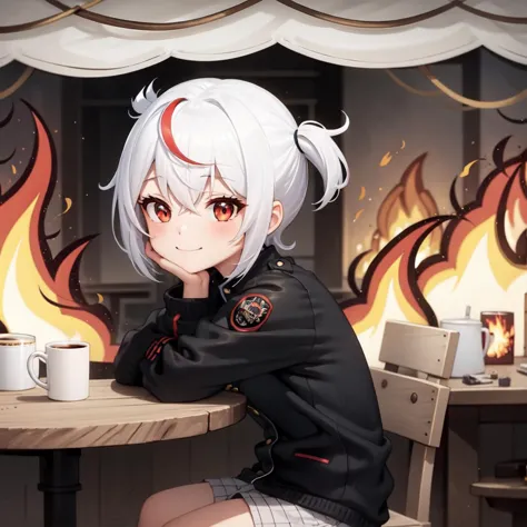 1girl, white hair, short hair, red eyes, hair between eyes, medium breasts, thisisfine, crossed arms, table, a coffee mug, steaming coffee, cute, staying positive, light smile, close mouth, surrounded by flames, fire all around of her, sitting, smoke, (from side,:1.2) thisisfine, <lora:thisisfineV3:0.8>