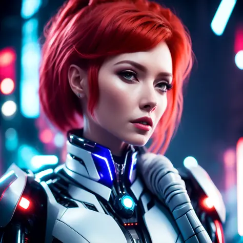 (CyberWoman style:1) close up of a person with red hair wearing a futuristic suit <lora:djzCyberWomanV21:0.8>