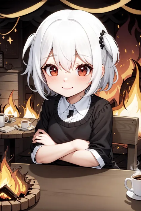 1girl, white hair, short hair, red eyes, hair between eyes, medium breasts, thisisfine, crossed arms, table, a coffee mug, steaming coffee, cute, staying positive, light smile, close mouth, surrounded by flames, fire all around of her, sitting, smoke, from side, thisisfine, <lora:thisisfineV3:0.8>