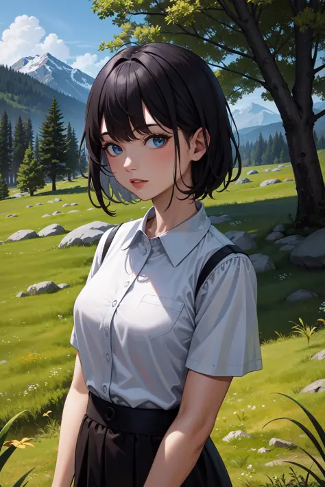 (Masterpiece, Best Quality, High Quality, Highres:1.4), Detailed, Extremely Detailed, Ambient Soft Lighting, 4K,

Outdoors, Moutains, Nature, Day, Forest, Rocks, Wooden House, (Detailed Foliage, Detailed Grass:1.4), (Tall Grass:1.2),

1Gril, (Solo:1.4), (Milf:1.2), Standing, (Upper Body:1.2), 

(Extremely Detailed Hair:1.2), Black Hair, Short Hair, Bob Cut, Blunts Bangs, 

Blue Eyes, Looking at Viewer, 

