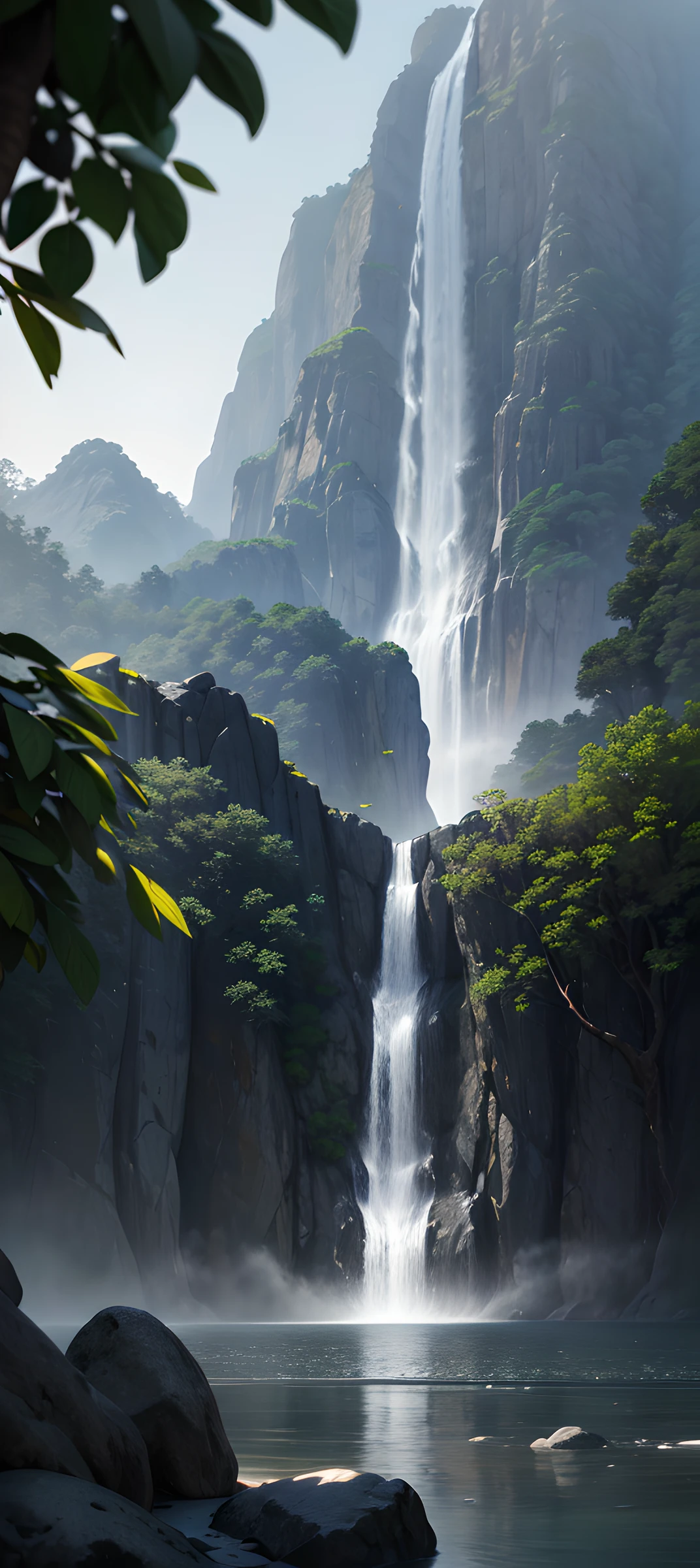 (Masterpiece, Best Quality, High Quality, Highres:1.4), Detailed, Extremely Detailed, Ambient Soft Lighting, 4K,Blurry, Blurry Background, Depth of Field, Bokeh, DOF, Fog, Bloom
Outdoors, (Nature, tropical forest:1.2), (Rocks:1.2), Mountais, Plants, waterfall,
 