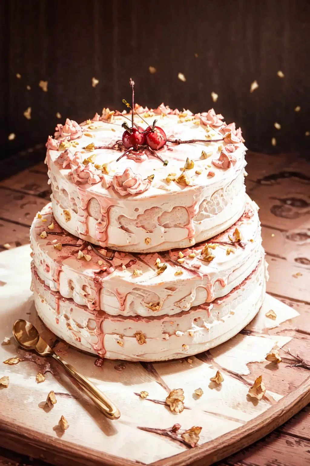 masterpiece, high quality, best quality, pink cream cake, cherry, foodphoto, 