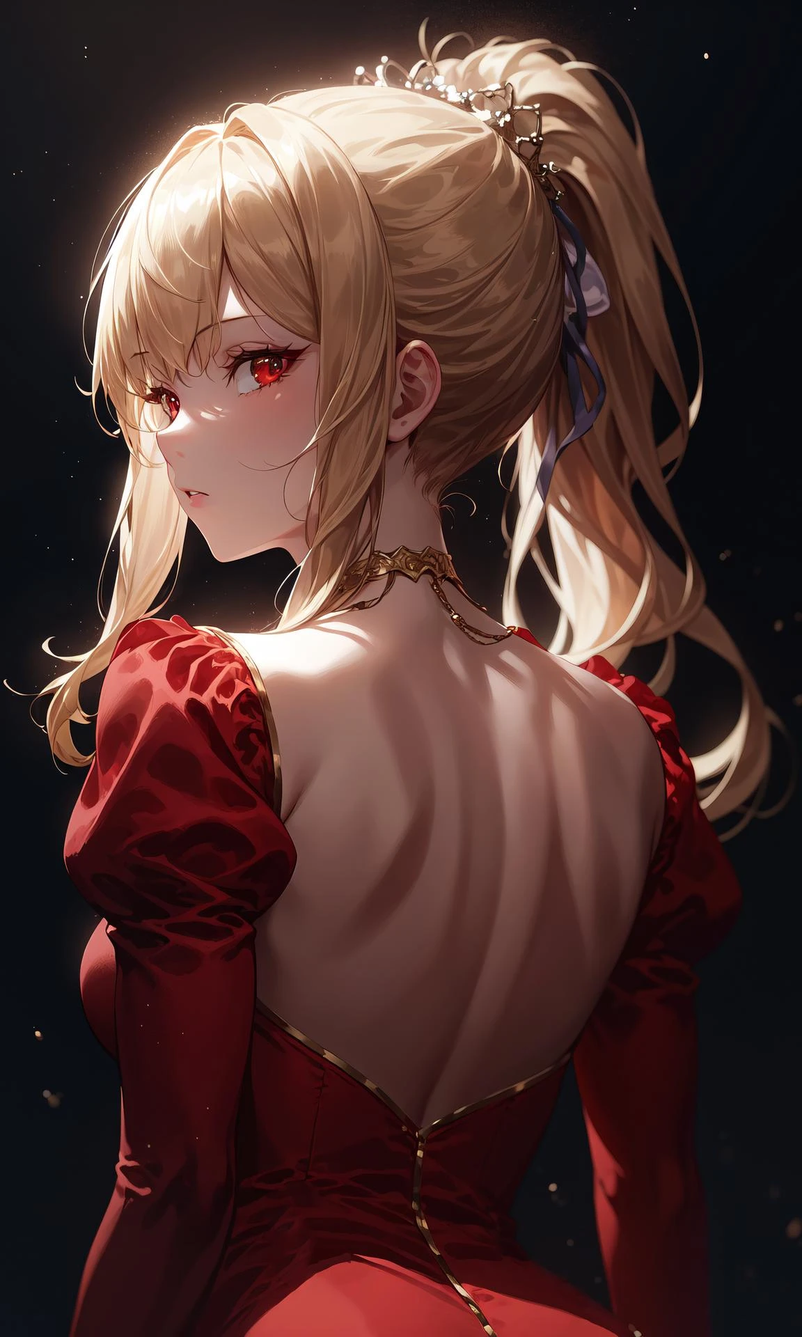(masterpiece, best quality:1.2), extremely detailed, detailed hair, soft skin,

1girl, solo, standing, upper body, from behind,

blonde hair, long hair, high ponytail, long ponytail,

red eyes, long eyelashes, thick eyelashes, looking at viewer,

red dress, backless dress, ornate dress, puffy skirt, long skirt, puffy sleeves, juliet sleeves, long sleeves,

nude,

black background,

