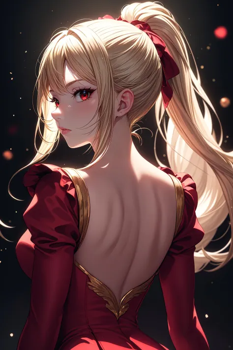(masterpiece, best quality:1.2), (face focus:1.4), back focus, from behind, blonde hair, long hair, high ponytail, long ponytail, red eyes, long eyelashes, thick eyelashes, looking at viewer, red dress, backless dress, gold trim dress, puffy sleeves, julie...