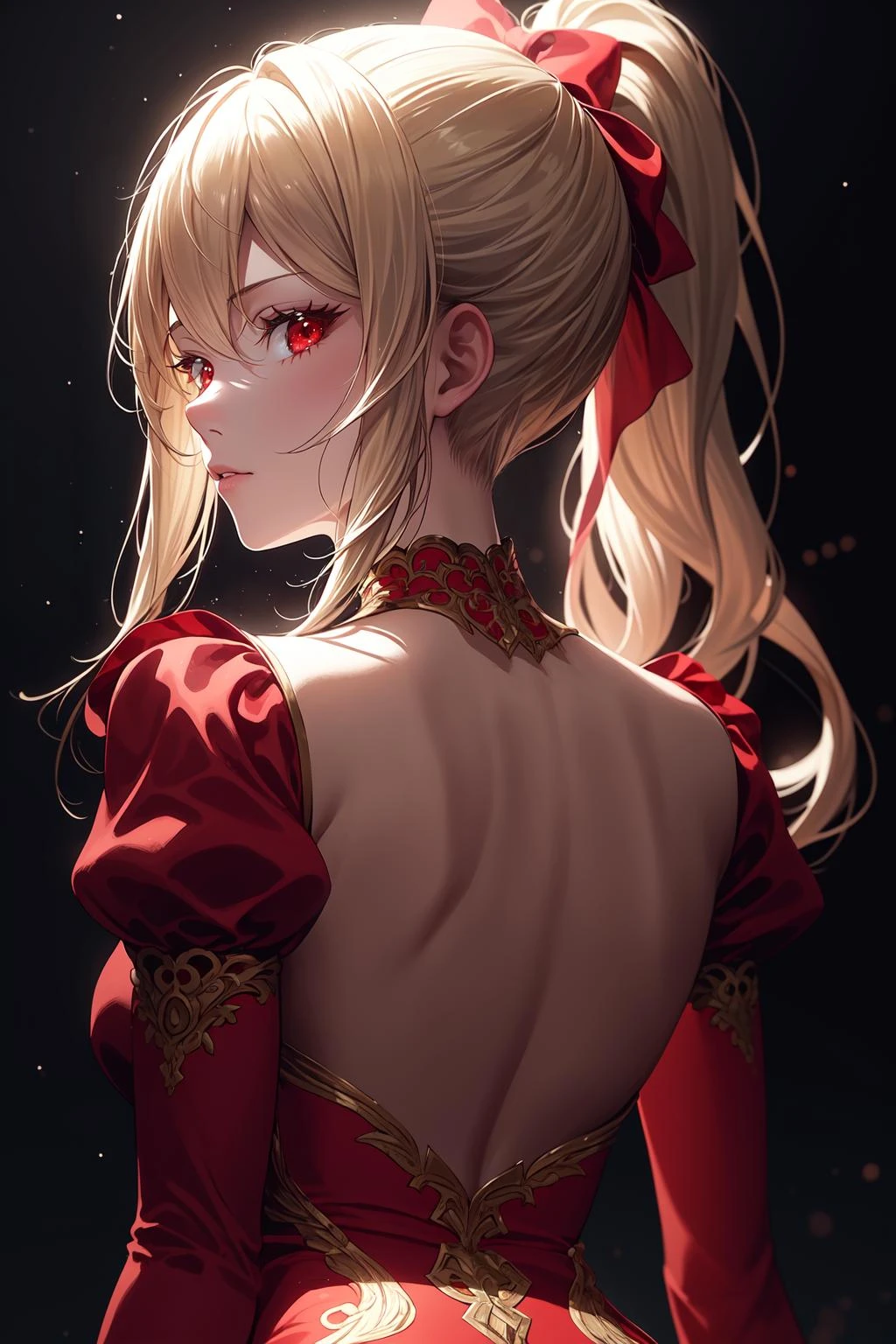 light particles, soft lighting, volumetric lighting, intricate details, finely detailed,

1girl, solo,

blonde hair, long hair, high ponytail,

red eyes, long eyelashes, thick eyelashes, looking at viewer,

red dress, ornate dress, backless dress, puffy sleeves, juliet sleeves, (long sleeves:1.2), red bow,

black background, simple background, from behind,

