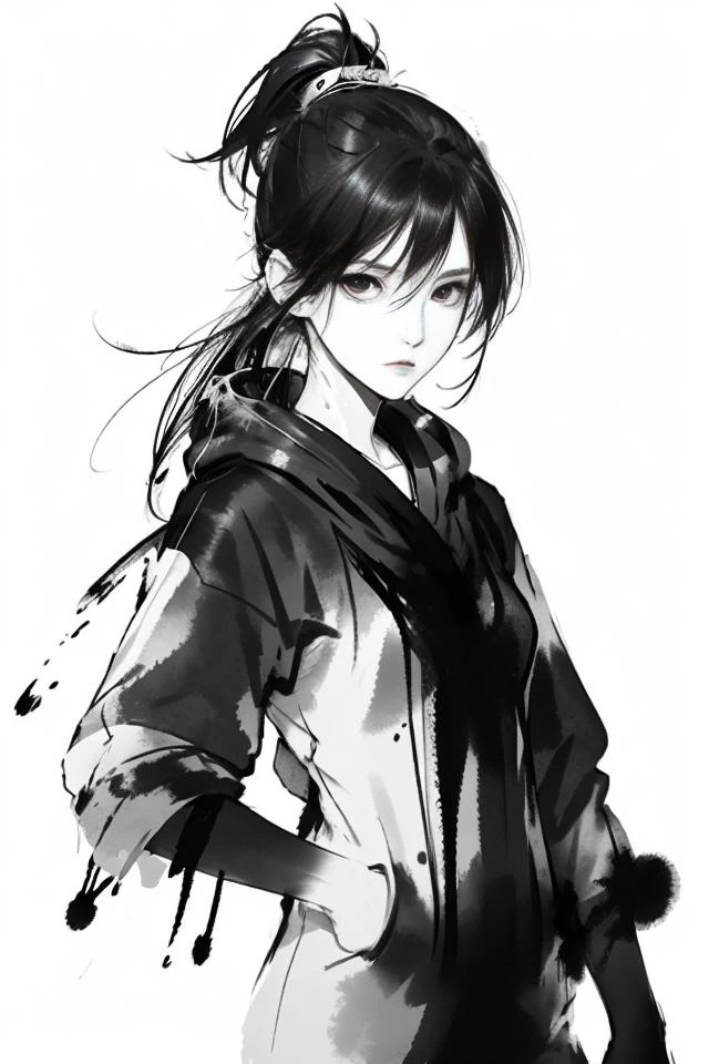 masterpiece, best quality,1girl,standing, black hair bun,cold face, upper body, (front),ink splash,
 