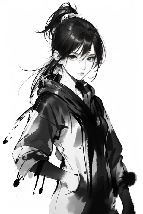 masterpiece, best quality,1girl,standing, black hair bun,cold face, upper body, (front),ink splash,
 <lora:mo:0.6>