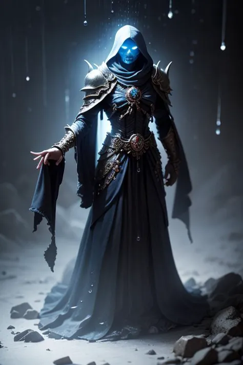 an awarded photography of Nagash - A god-like lich and master necromancer, with glowing eyes and draped in tattered, ethereal robes., at Drizzle: Light rain characterized by small, fine droplets falling from the sky. , masterpiece, ultrasharp, depth of field and boekh, best quality, <lyco:GoodHands-beta2:1.0>