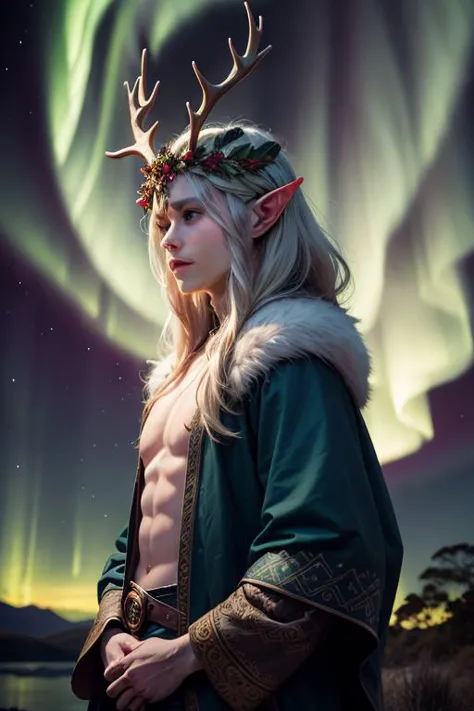 a man with a horned headband and a green cape stands in front of an aurora light