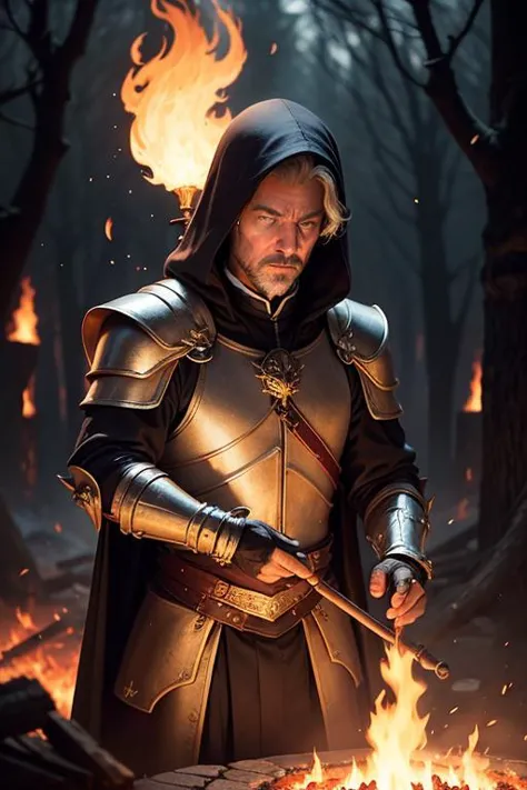 a man in armor standing in front of a fire