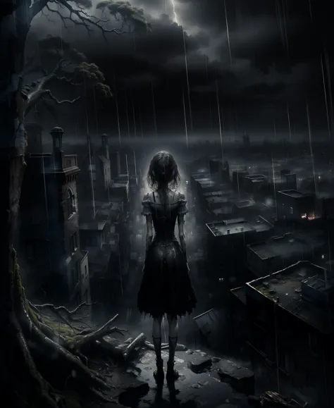 a woman standing in the rain in a dark city