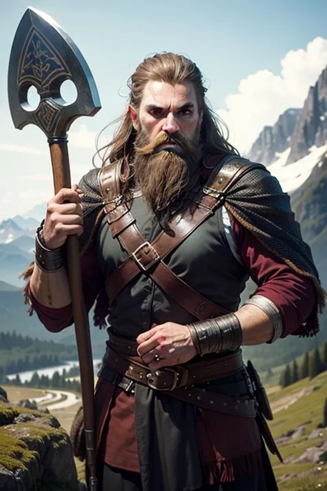 an awarded photography of Wulfrik the Wanderer - A fierce and bearded Norse warrior, wielding a rune-inscribed great axe., at Foehn Wind: A warm and dry wind that descends down a mountain slope, causing rapid temperature changes. , masterpiece, ultrasharp, depth of field and boekh, best quality, <lyco:GoodHands-beta2:1.0>