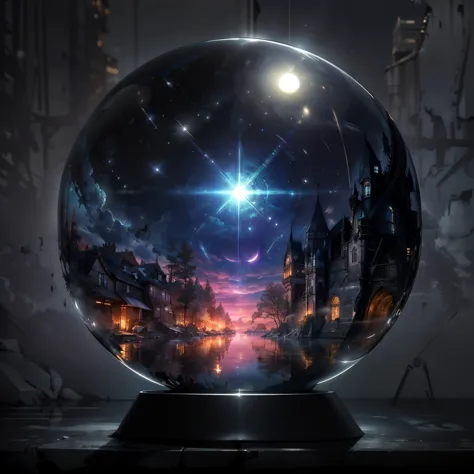 a crystal ball with a city in the background and a star in the sky