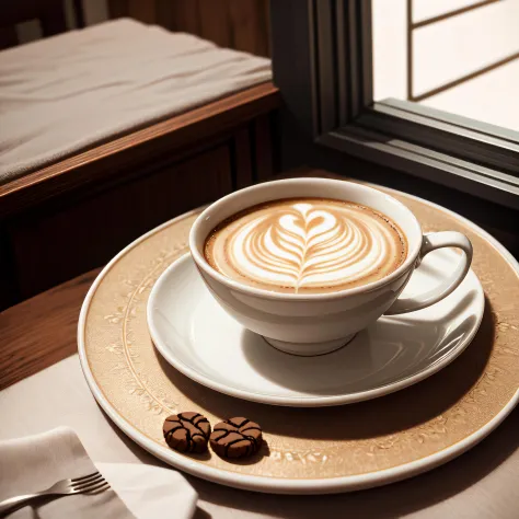ultra detailed shot of a coffee cup with latte art, on serving tray with cookies, whimsical, ethereal, magical looking, soft light from a window, detailed and realistic cups, delicate chinese porcelain, 32k resolution, best quality,<lora:add_detail:0.3> <l...