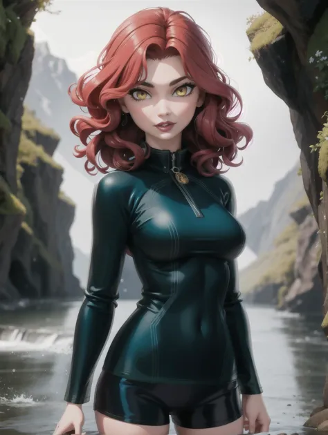 ((masterpiece), best quality, high quality, professional quality, highly detailed, highres, perfect lighting, natural lighting), Whirling and swirling, rash guard, Femme fatale, Short, Narrow Hips, Square Face, Fair Skin, Red Hair, yellow Eyes, Long Nose, Pouty Lips, Prominent Chin, Shoulder-Length Hair, Curly Hair, Shaggy Cut, small breasts, , teal metallic lipstick, Liquid trickling down in gentle streams, Majestic fjords and cliffs by water, perfecteyes eyes, 