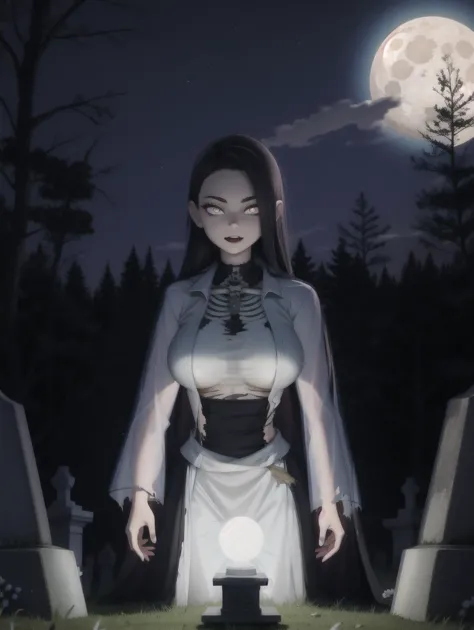 ((masterpiece), best quality, high quality, professional quality, highly detailed, highres, perfect lighting, natural lighting), (1girl, beautiful, demonic, ghostly, translucent skin:1.5, glowing skin:1.2, see-through skin:1.3, skeleton visible beneath skin, large breasts, emaciated:1.2, hollow eyes:1.3, wearing (torn clothing, translucent clothing:1.2)), in front of haunted rundown mansion, surrounded by dead trees, gravestone, at night, full moon, spirit orbs, tsurime, <lora:Tsurime3:1>