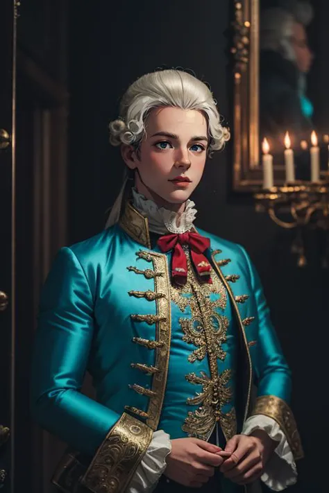 1man, photography, man wear frenchcourtsuit  in palace, silver wig, pastel, blue satin, golden, paintings, ornate, details, ornament, dim light, dawn, bokeh background, <lora:ARWCourtSuit:1> <lora:ARWBedroomGothic:0.6>