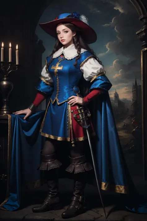 1girl, masterpiece, realistic, upper body of musketeerdress woman in palace gothic, blue dress, details, hat, cross symbol, boot...